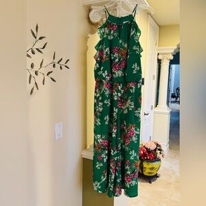 London Times Floral Green Ruffle Jumpsuit